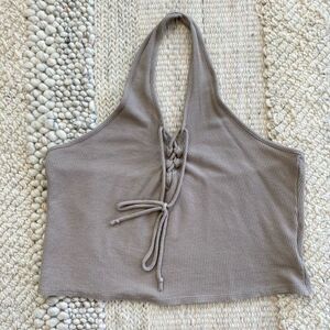 Kendall Kylie V-Neck Grey Ribbed Halter Tank Top Sleeveless Size Medium